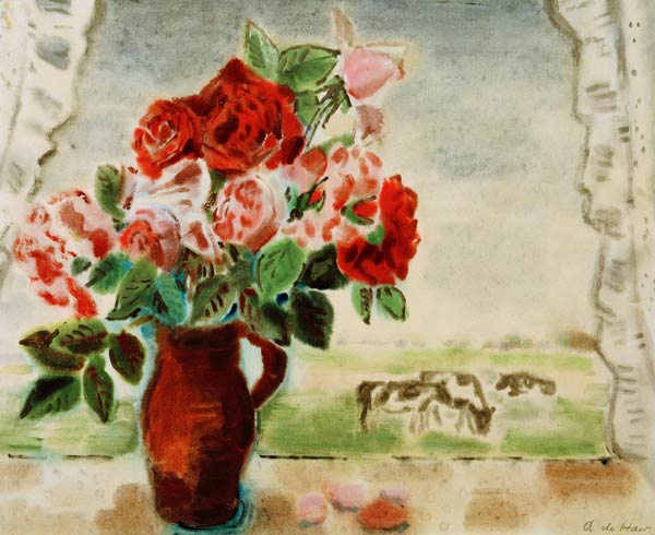 Adolf de Haer - Braune Vase mit Rosen